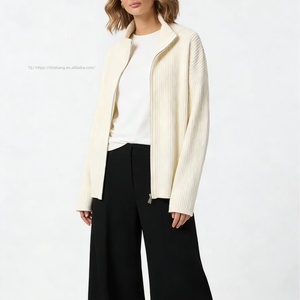 Cardigan zippé côtelé oversize pour femme, col montant, coupe ample, style décontracté, tendance - Product Image 4