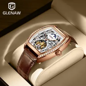 Đồng hồ glenaw thiết kế mới thời trang bộ xương Tourbillon Moonphase dây đeo da vuông vàng đồng hồ cơ tự động