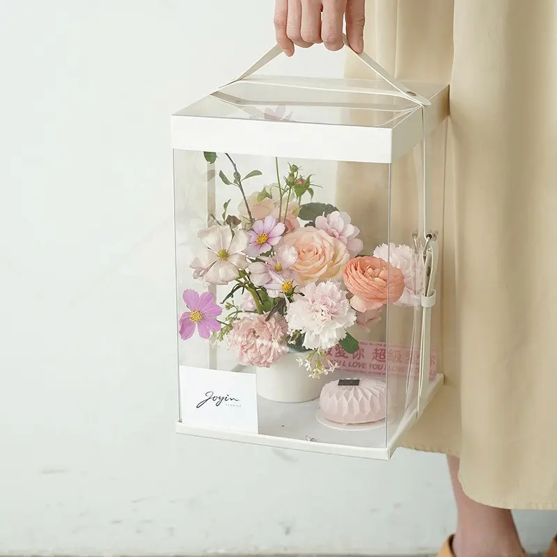 Необычная квадратная и круглая прозрачная оконная коробка для упаковки, ручка из ПВХ, Подарочная бумажная коробка для цветов