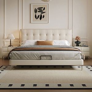 Designer Waffle Eco-Friendly Oak Wood Adjustable Bunk <b>Bed</b> French Cream-style King-sized High Feet Double Leather - Product Image 3