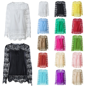 Ropa de mujer de talla grande personalizada, Top bordado de manga transparente, Camisa de gasa de ganchillo de encaje de gran tamaño <span class=keywords><strong>para</strong></span> mujer, blusa única <span class=keywords><strong>para</strong></span> mujer - Product Image 1