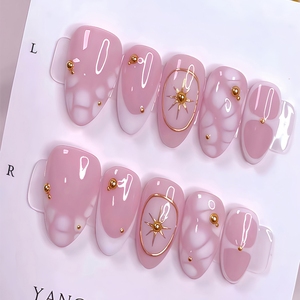 <span class=keywords><strong>Faux</strong></span> <span class=keywords><strong>Ongles</strong></span> Rose Doré Français en ABS Haute Qualité, Tridimensionnels, Tendance Amande, 24 Pièces à Presser, Vente en Gros - Product Image 1