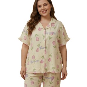 Set <span class=keywords><strong>Pigiama</strong></span> Estivo da <span class=keywords><strong>Donna</strong></span> <span class=keywords><strong>Taglie</strong></span> Forti ODM OEM, Due Pezzi Floreali Stampati Traspiranti con Bottoni Frontali e Maniche Corte - Product Image 5