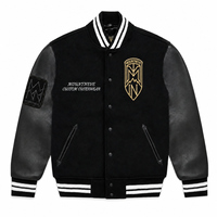 Blouson universitaire homme en cuir avec manches en cuir, fermeture à boutons-pression, bordure rayée, col côtelé, poches obliques, hiver, production OEM
