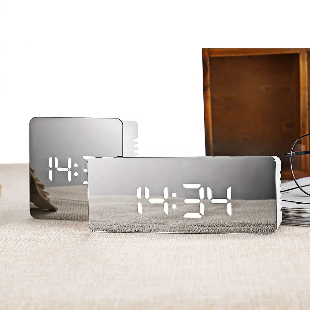 Amazon Usb Charging LED Screen Digital Desk Table Mirror Alarm Clock for Bedroom Office