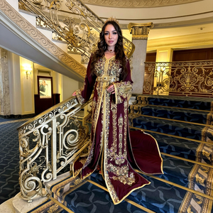 Elegant Burgundy Chiffon Floor-Length Dress Gold Embroidery High Neck Long Sleeve Ball <b>Gown</b> Built-in Bra Non-Stretch - Product Image 1