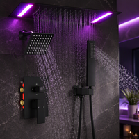 Système de douche LED ENGA à double fonction pluie et cascade, tête rectangulaire de 6 pouces en laiton et acier inoxydable, finition noir mat