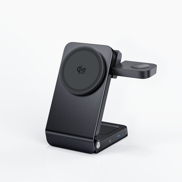 3-in-1 Wireless Charger, QI2.2 Aluminum Alloy Foldable Desktop Magnetic Phone Stand, TEC Fan Cooling, 25W Fast Charging