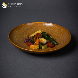 Village Rustic <strong>Wood</strong> Appearance Design 7" 9" 11" Round Ceramic Gold Galzed Deep Dish Dinner <strong>Plate</strong> - Product Image 5