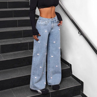 Jeans SMX Joker à jambe large, style printemps, délavé, avec petit nœud, pour le marché transfrontalier européen et américain 2025