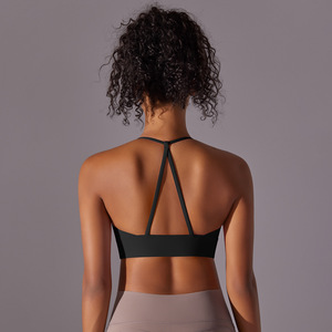Wholesale Women Halter U Neck Sports Bra Thin T <b>Back</b> Strap Removable Pads Yoga Crop <b>Top</b> <b>Low</b> Support Gym Athletic Training Bra - Product Image 5
