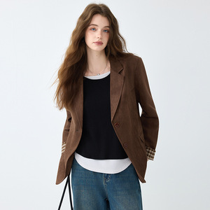 Women's Blazer Coffee Color Solid Woolen Fabric Loose Fit Spring Autumn Outerwear - Product Image 4
