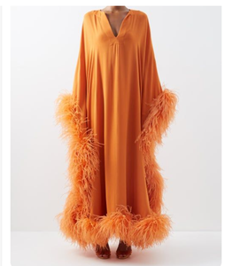 A10843 Abito da <span class=keywords><strong>Donna</strong></span> Tinta Unita Arancione con Scollo a V, <span class=keywords><strong>Vestito</strong></span> Comodo e Ampio con Finiture in Piume, <span class=keywords><strong>Elegante</strong></span> Abbigliamento da Sera - Product Image 1