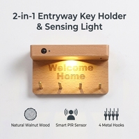 Lampe murale LED moderne en bois massif avec détecteur de mouvement, 4 crochets, rechargeable, magnétique, sans fil, porte-clés pour entrée de maison, lampe de nuit