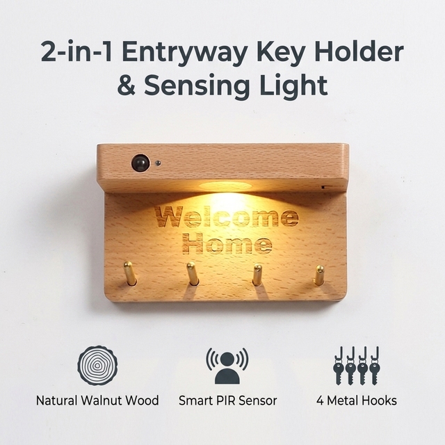 Modern Mini Solid Wood Motion Sensor LED Wall Light 4 Hooks Rechargeable Magnetic Wireless Home Entryway Key Holder Night Lamp