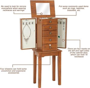 5 cassetti 8 ganci collana in legno in piedi armadietto per gioielli in legno cassa di stoccaggio con ripiano superiore organizzatore di stoccaggio <span class=keywords><strong>a</strong></span> <span class=keywords><strong>specchio</strong></span> - Product Image 3