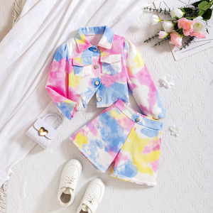 Vêtements pour filles printemps-automne, cardigan à col tie-dye coloré, shorts, ensemble 2 pièces, vêtements pour enfants, vêtements de rue, vêtements pour enfants - Product Image 2