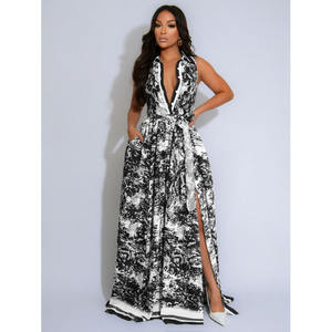 Robe longue maxi fluide à boutons avec ceinture, nouvelle robe bohème imprimée pour femmes, taille <span class=keywords><strong>S</strong></span> à 2XL, sexy, avec fente haute - Product Image 3