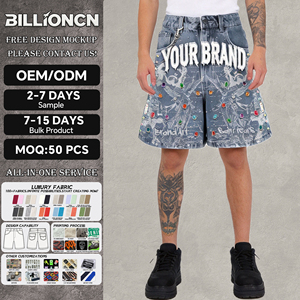 Nuevos Shorts Vaqueros Retro Estilo Americano, Corte Holgado, Cintura Media, con Pedrería, Estampado de Grafiti, para Hombre - Product Image 1