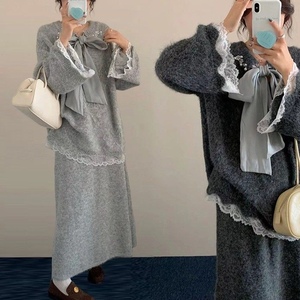 Ensemble 2 pièces en tricot avec nœud perlé pour femme - Pull oversize à bordure en dentelle et jupe longue assortie - Product Image 2