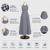 Robe longue d'été pour femme en coton et lin imprimé, coupe évasée, dos nu, sans manches, motif gingham, 260 GSM, opaque, grandes tailles, personnalisable avec logo OEM