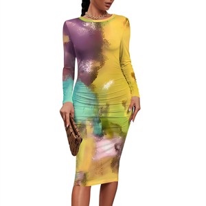 Vestido Midi de lino No tejido con cuello redondo y logotipo personalizado, manga larga, informal, para oficina, impresión digital, lavable, Empire S para Otoño y verano - Product Image 6