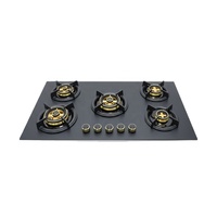 Cuisinière à gaz encastrable de luxe à 5 brûleurs, surface en verre trempé noir avec boutons de commande dorés, protection contre l'extinction de la flamme