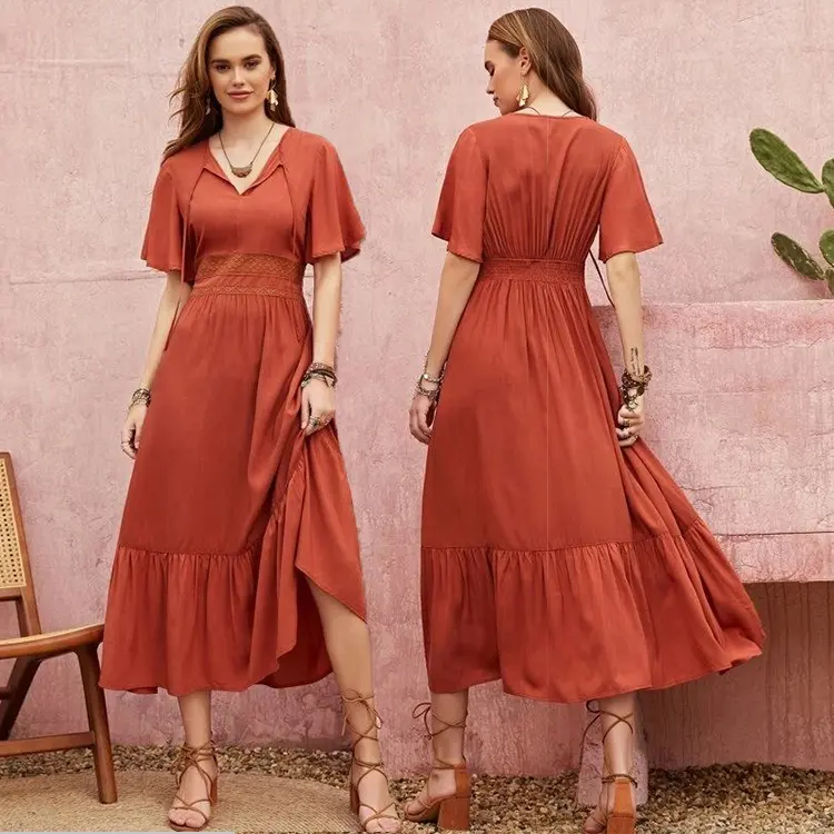 2022 ilkbahar yaz yeni Bohemian kısa kollu katı renk koleksiyonu boş zaman Midi elbise plaj elbise