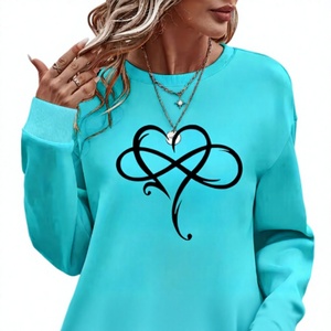 <b>Women's</b> Turquoise Crew Neck Sweatshirt With <b>Black</b> Heart Infinity Print <b>Long</b> <b>Sleeve</b> Casual Knitted <b>Top</b> Autumn Wear - Product Image 1