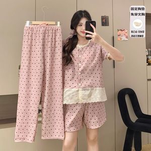 Conjuntos de ropa de dormir Pijamas Celebrante de Internet para mujer Verano Nueva nube Cinturón de algodón Almohadilla de pecho fija Pantalones cortos Conjunto de tres piezas Pijamas - Product Image 2