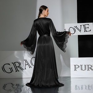 <span class=keywords><strong>Vestaglia</strong></span> da Sposa Elegante in <span class=keywords><strong>Raso</strong></span> Nero e Bianco con Pizzo, Lussuosa <span class=keywords><strong>Vestaglia</strong></span> Lunga con Maniche a Campana, Sexy e Traspirante - Product Image 3