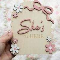Uionen Panneau de photos en bois rose avec nœud, cadeau de baby shower, souvenir de nouveau-né, accessoire photo pour maman