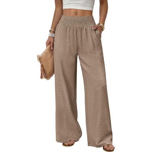 Pantalones Anchos de Cintura Alta para Mujer, con Bolsillos, Casuales, Transpirables, Diseño Simple, Mezcla de Algodón y Spandex - Product Image 1
