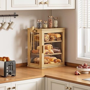 Boîte de rangement à pain en bambou multi-niveaux avec porte en verre, pour comptoir de cuisine, pour boulangerie, pâtisseries et en-cas - Product Image 3