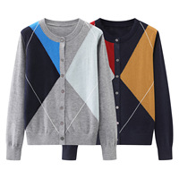 Cardigan en tricot à blocs de couleur et motif losanges pour femme, nouvelle collection automne-hiver, coupe ample et polyvalente, pull-over 2610-15a