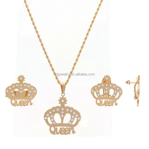 Stainless Steel Women Queen Diamond Sets Jewelries 18K African 2021 Wholesale Gold Plated Wedding Jewelry Set