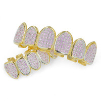 Grillz — clous de dents dorés pour femme, ensemble personnalisé, Fuchsia cubique, zircone, Micro pavé, pour cadeau de noël, nouveau