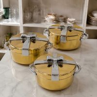 Ensemble de chauffe-plats isothermes de luxe en acier inoxydable avec ruban doré et argenté, 3 pièces, pour banquets de mariage haut de gamme