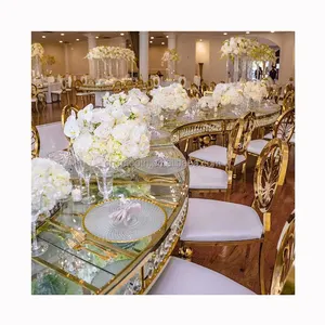 Luxury Serpentine Wedding Banquet Table Gold Stainless Steel Half Moon Round Wedding Dinning Glass Table