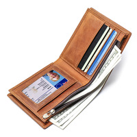 Portefeuille homme en cuir véritable à double pli, très vendu, avec poche à monnaie zippée, fenêtre pour carte d'identité et plusieurs emplacements pour cartes