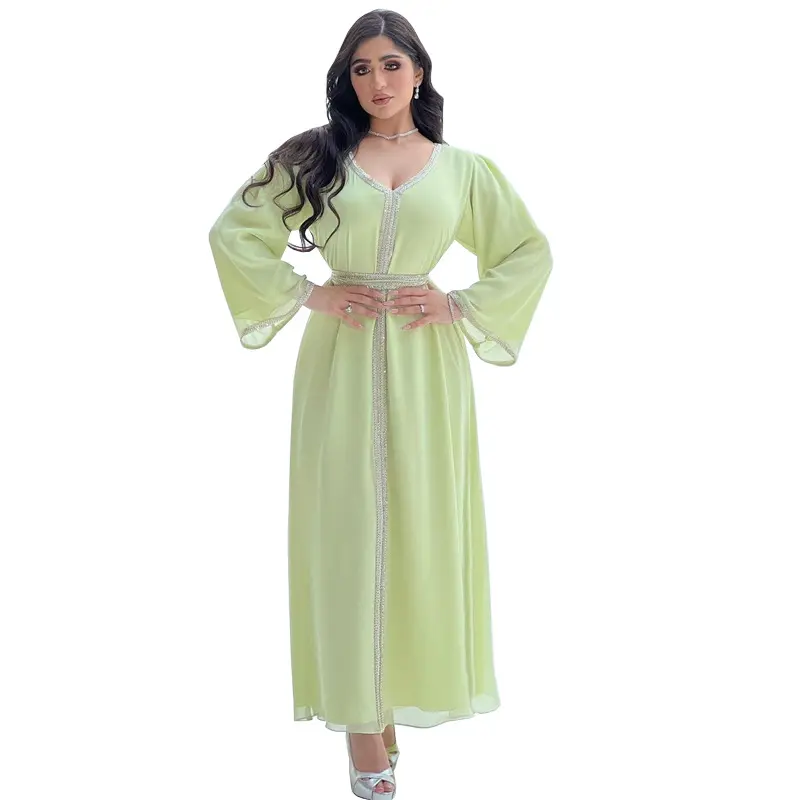 Hot selling new Muslim women's clothing temperament chiffon studded belt dress