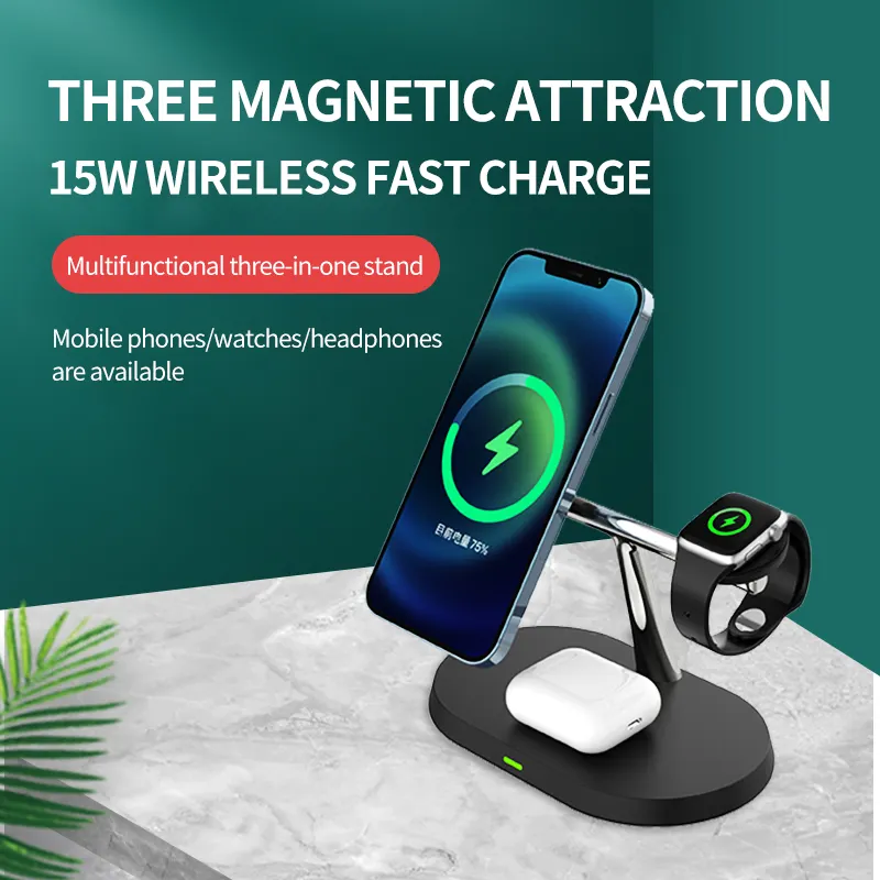 OEM ODM Portable 3 In 1 Fast Wireless Charger 15w Charging Dock Qi 3 In 1 Wireless Charger Stand For IPhone 13 14