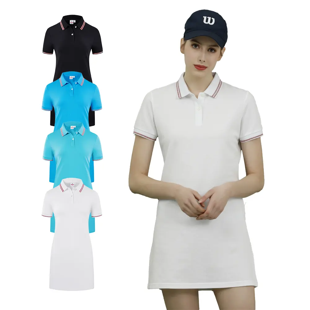 Custom Logo Vrouwen Wit Lange Polo Shirt Jurk Afdrukken Effen Kleur Dames Katoenen Zomer Dames Golf Polo Shirt Jurk Casual