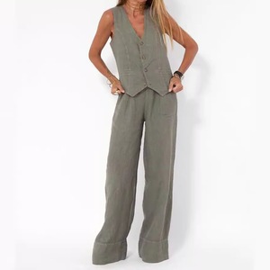 Conjunto de <span class=keywords><strong>chaleco</strong></span> de <span class=keywords><strong>lino</strong></span> y pantalones de pierna ancha para <span class=keywords><strong>mujer</strong></span>-Traje de viaje retro informal con múltiples colores - Product Image 3