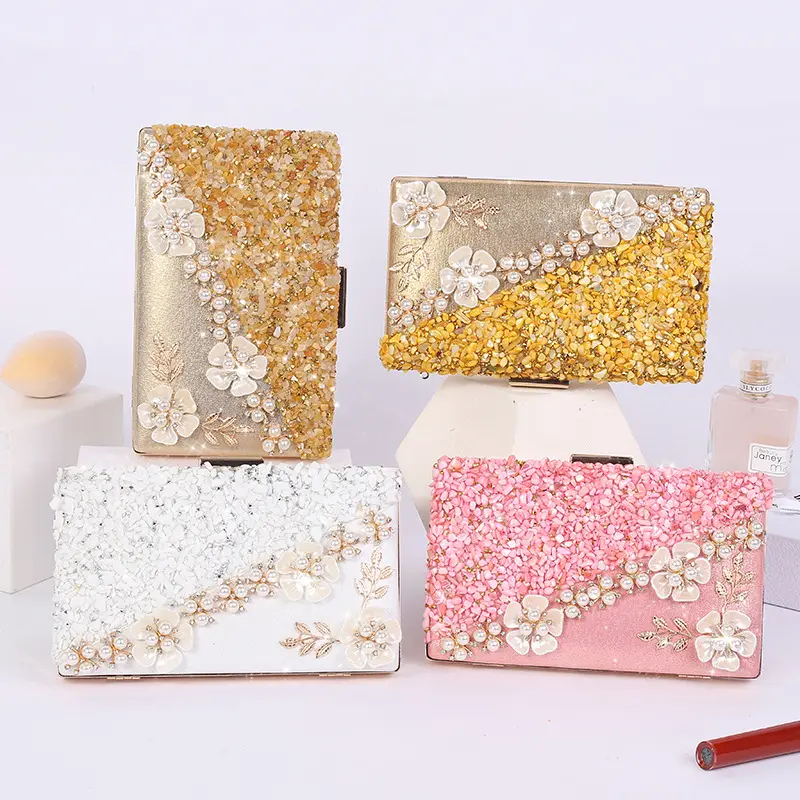WOKE Factory Direct Sale Luxury Pearl Clutch Purse Flower Small Stone Embellishment Square Party Evening Bag For Women