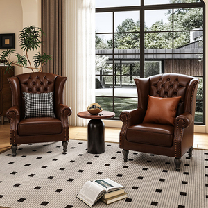 <span class=keywords><strong>Fauteuil</strong></span> moderne en bois massif et cuir, chaise décontractée vintage avec dossier à oreilles, mobilier pour appartements et salons d'hôtels. - Product Image 4