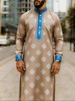 Qamis traditionnel pour homme, demi-fermeture à quatre boutons, col montant, manches longues, imprimé, style Dishdasha, pour affaires, gentleman, soirée urbaine, vente en gros