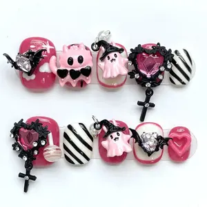 10 Pcs Black Pink Evil Cute Girls Handmade 3d Artificial Supplier Manufactory Young Fake Nails Stickers Wholesale High Quality