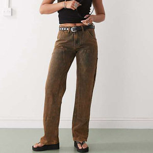 Jeans <span class=keywords><strong>Cargo</strong></span> a Vita Alta Marrone Caramello per <span class=keywords><strong>Donna</strong></span>, Personalizzati in Fabbrica, Gamba Larga, Lavaggio Vintage, Denim Trendy Retrò per Uso Quotidiano - Product Image 1