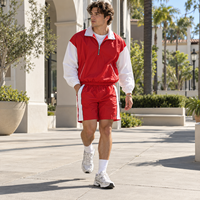 Setelan Training Pria Bahan Nilon Ringan, Jaket Windbreaker Setengah Resleting, Celana Pendek, Warna Blok, Streetwear Kasual Musim Panas, Pakaian Dua Potong